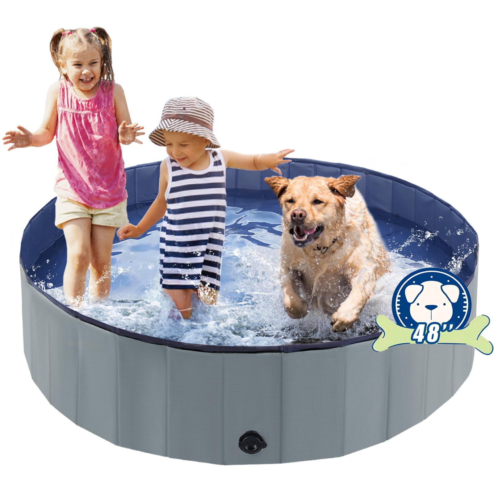 Foldable Dog Bath Tub & Kiddie Pool - 48 x 12 Inch Collapsible Pet Grooming Bathtub for Dogs, Cats, Kids & Toddlers - Portable Plastic Swimming Pool for Indoor/Outdoor Use - Perfect for Bathing, Playtime & Summer Fun (Gray)