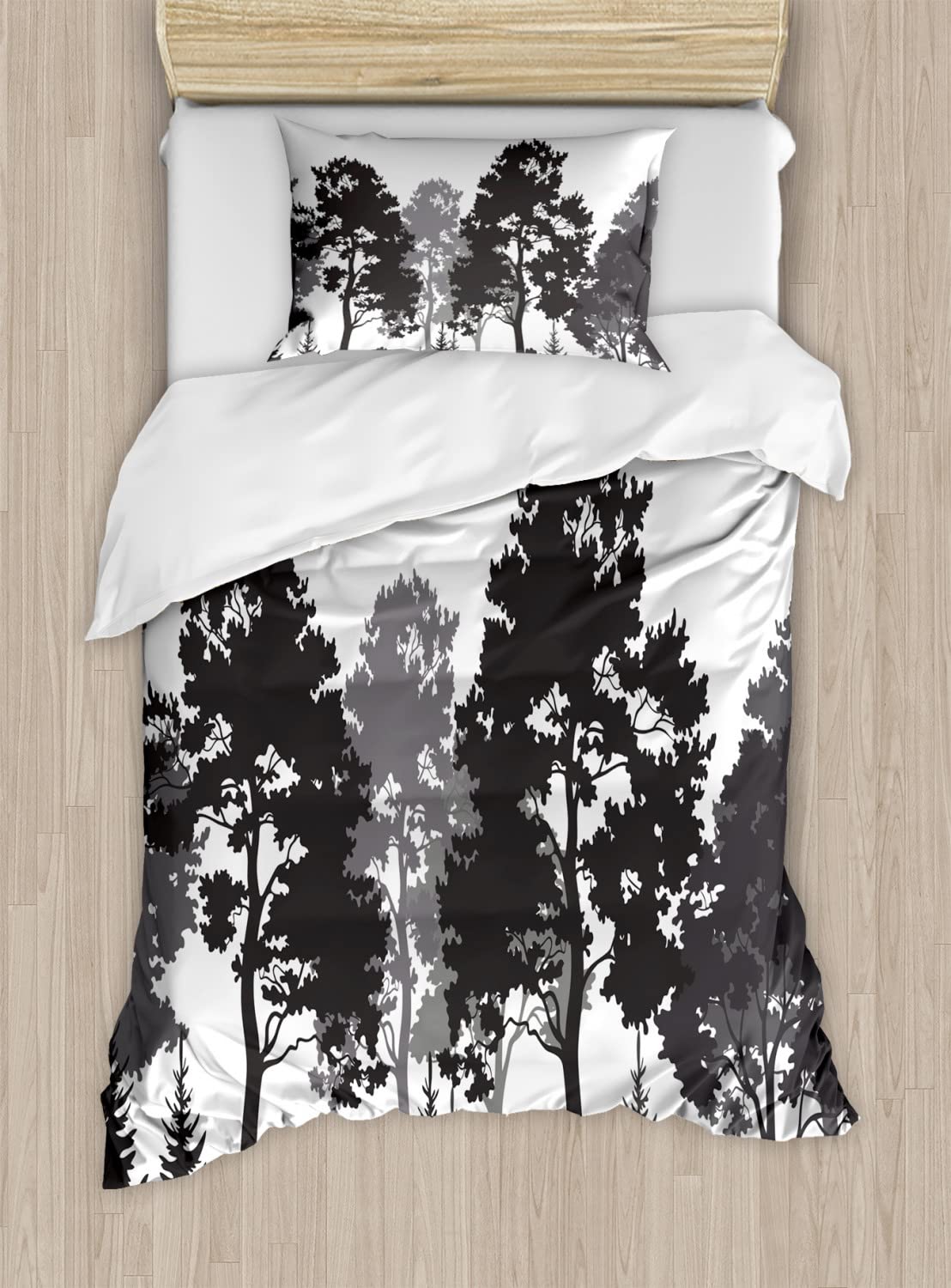 Ambesonne Black and White Duvet Cover Set - Pine Forest Silhouette Bedding 2-Pack Twin Size (Grey/White/Charcoal) | Soft & Breathable for Summer | Perfect for Kids Rooms, Guest Bedrooms & Cozy Cabins
