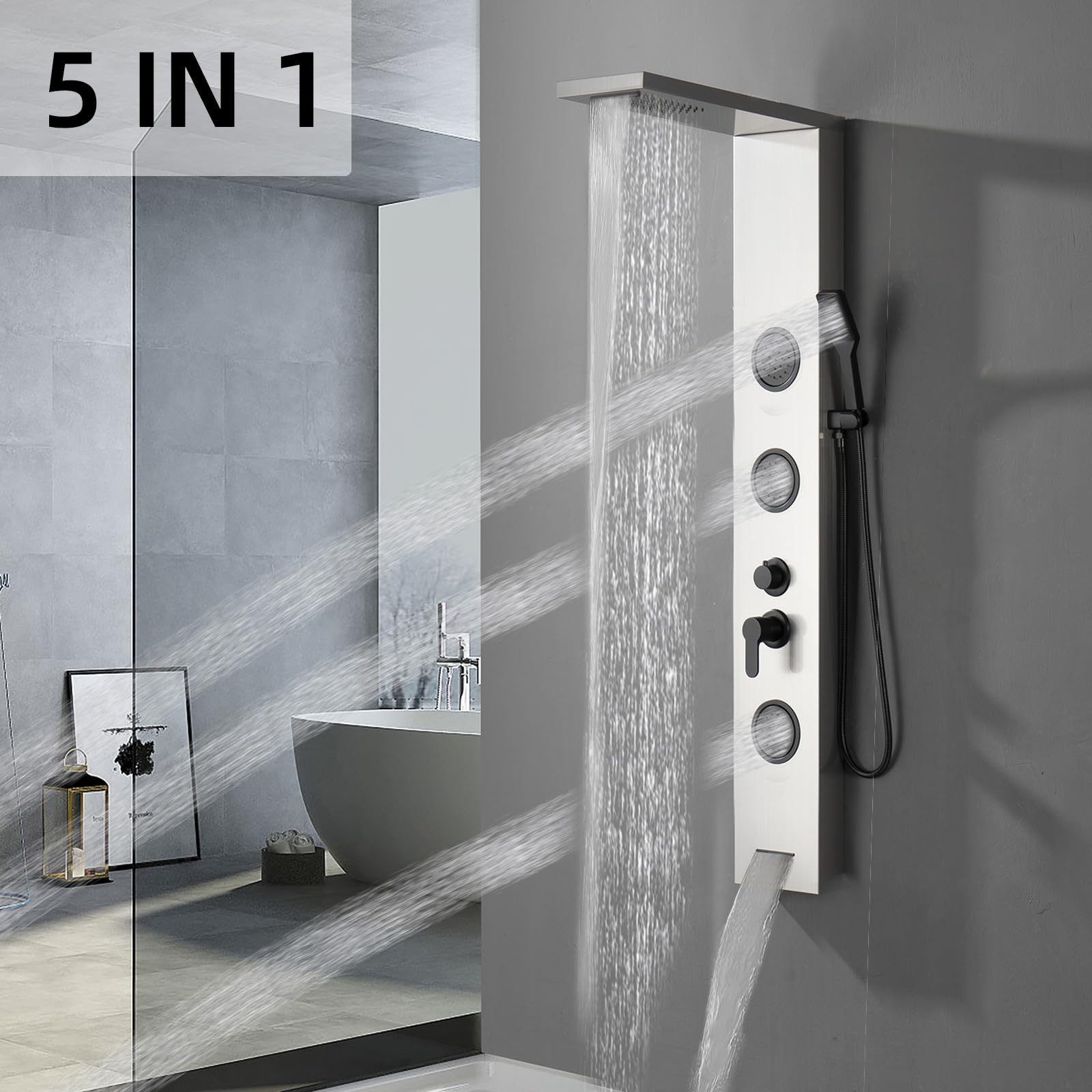 BWE 5-in-1 Shower Panel System with Rainfall Shower Head, Waterfall & Body Jets - Brushed Nickel & Black Tower for Luxurious Spa Experience - Perfect for Master Bathroom Renovation & Modern Home Upgrade