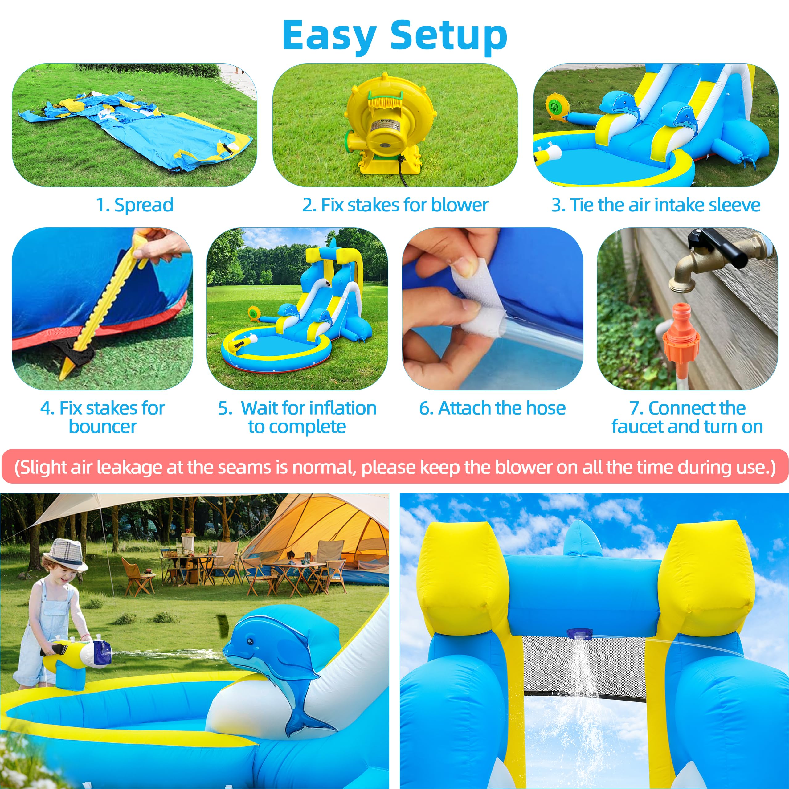 **Inflatable Water Slide for Kids - 4-in-1 Bounce House with Climbing Wall, Splash Pool & Water Cannon - 370W Blower - Wet & Dry Play - Indoor & Outdoor Backyard Birthday Party Fun**    *(Use Case: Perfect for summer parties, backyard fun, family gatherings, and kids' birthday celebrations!)*