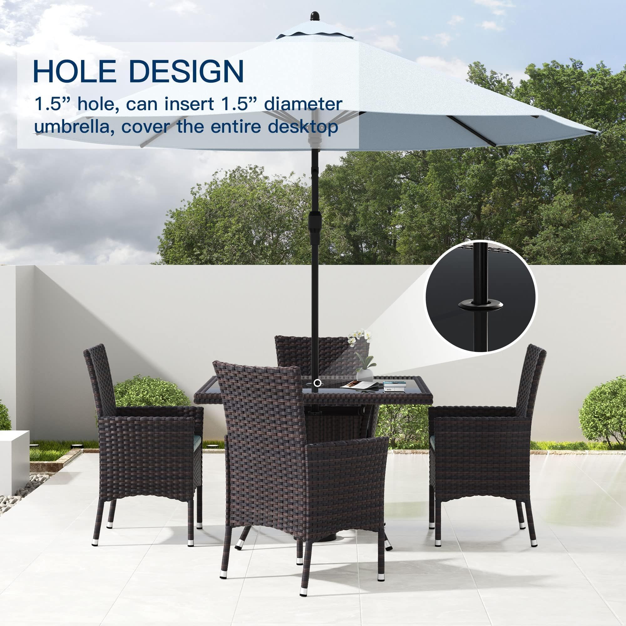 Kullavik 5-Piece Outdoor Dining Set - Patio Rattan Furniture with 4 Chairs & Cushions, Square Glass Tabletop with Umbrella Hole - Perfect for Patio, Backyard, Garden, Poolside & Outdoor Entertaining - Blue