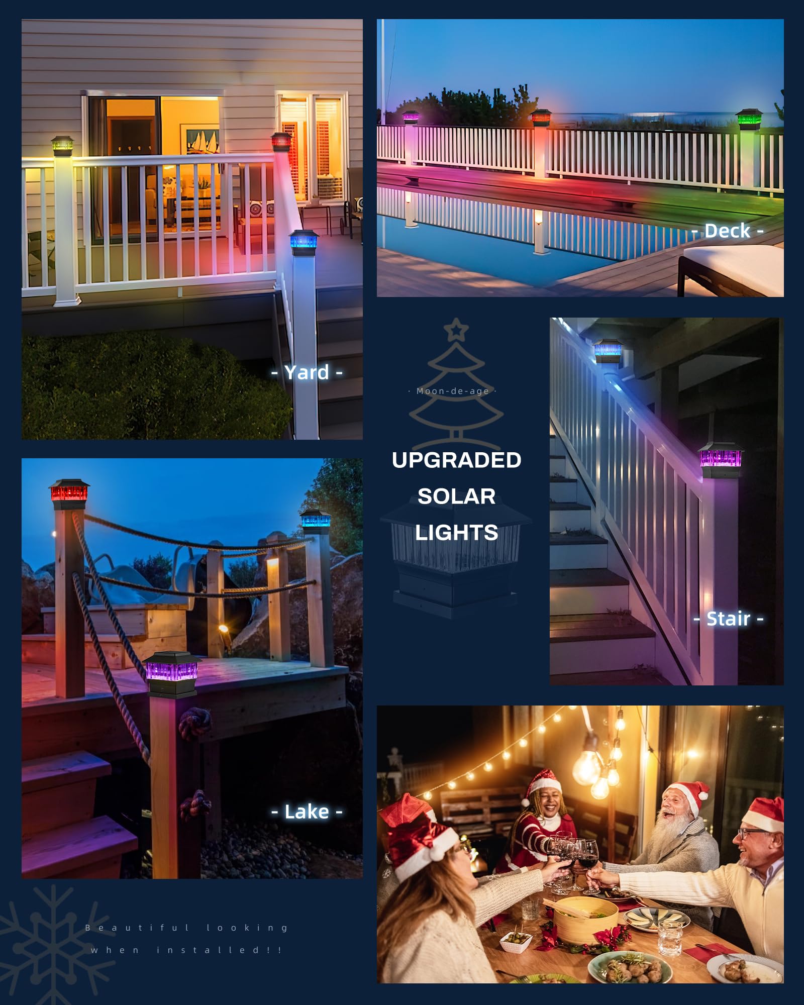 Solar Post Cap Lights 50 Lumen - RGB & Warm White LED Outdoor Fence Deck Lights for 4x4, 3.5x3.5, 4.5x4.5, 5.5x5.5 Posts - Weatherproof Garden Patio Lighting for Christmas, Halloween, Parties & Year-Round Decor (Black, 6 Pack)