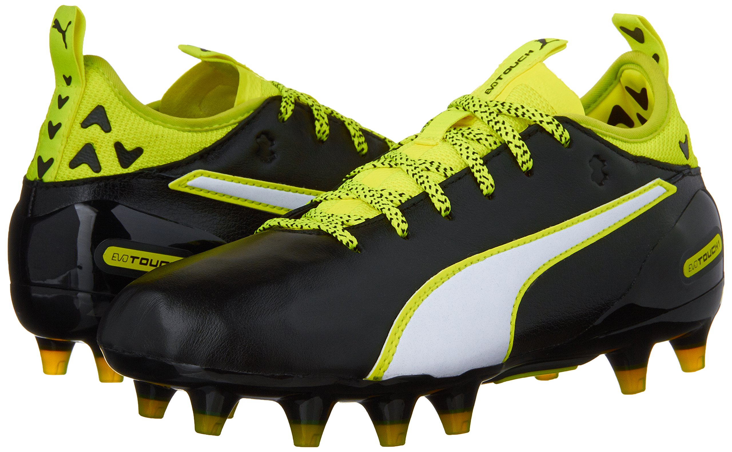 PUMA Kids Evotouch 1 FG Jr Soccer Cleats for Boys - Black/White/Safety Yellow - Size 6 Big Kid - Perfect for Youth Soccer Matches and Training Sessions