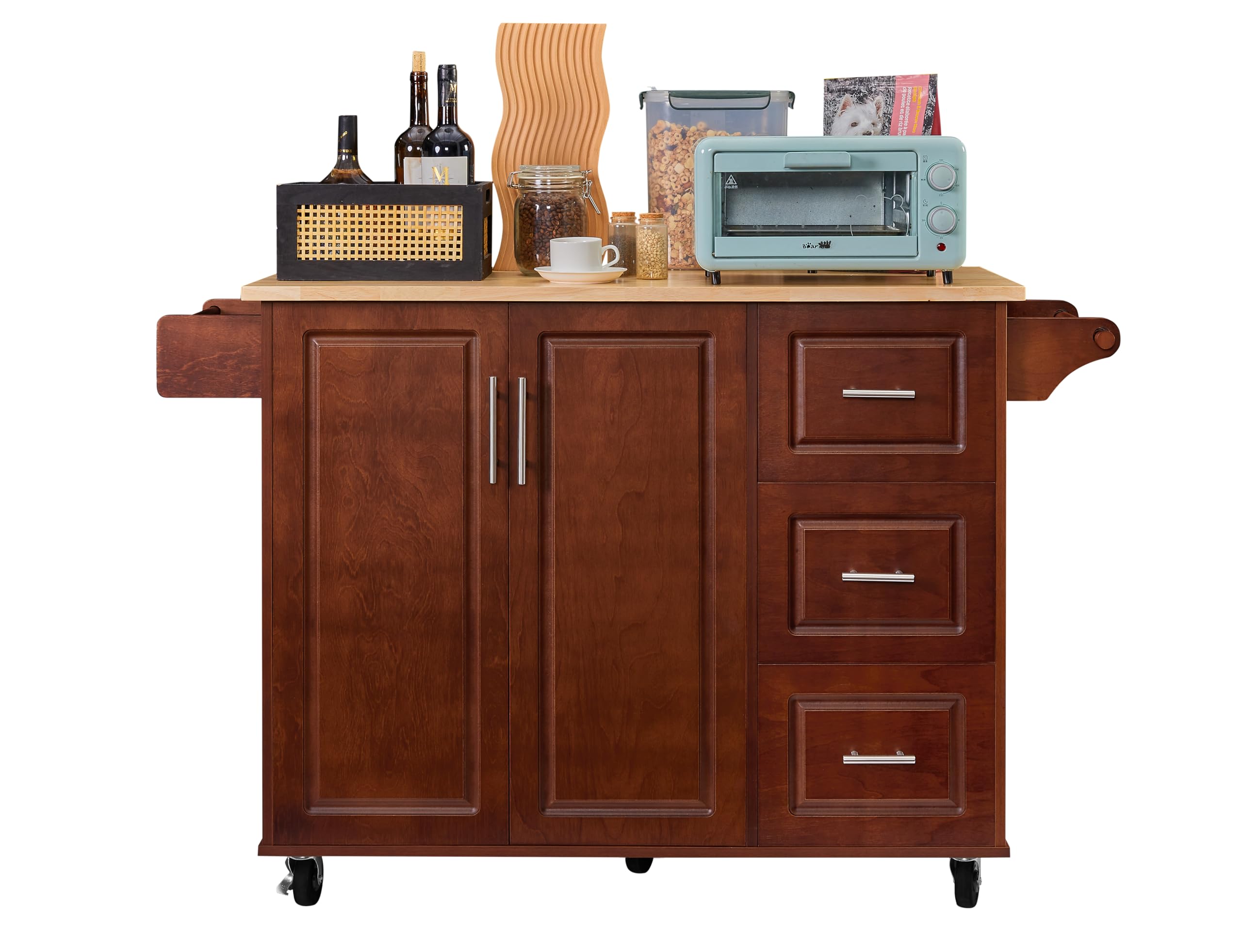 **Rolling Kitchen Island with Storage - Drop Leaf Countertop, Spice Rack, Wheels & Drawers - Mobile Kitchen Cart for Small Spaces, Apartments & Home Cooking (Brown)**    *(Ideal for meal prep, extra counter space, and organizing spices & utensils in compact kitchens.)*