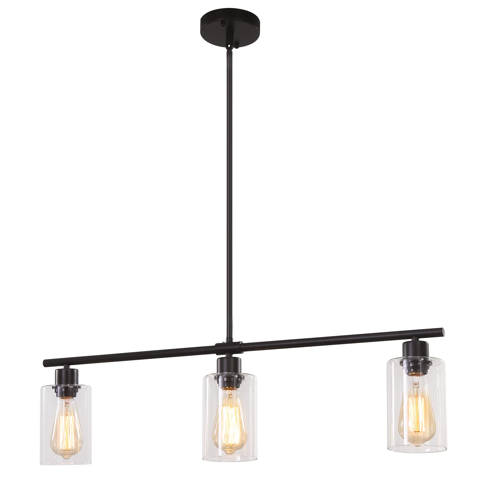 Modern Black Linear Chandelier Pendant Light - 3-Light Kitchen Island Lighting with Glass Shades, Hanging Fixture for Foyer, Bar, Living Room, Dining Room & Bedroom | Perfect for Contemporary Home Decor and Ambient Lighting