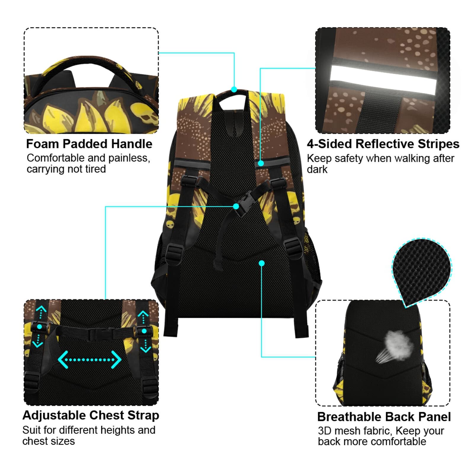 **Panksolu Skull & Sunflowers Backpack - Lightweight Laptop Backpack for School, Travel & Hiking - Durable Daypack for Women, Men, Teens & Kids - One Size Fits All - Perfect for Work, College & Outdoor Adventures**
