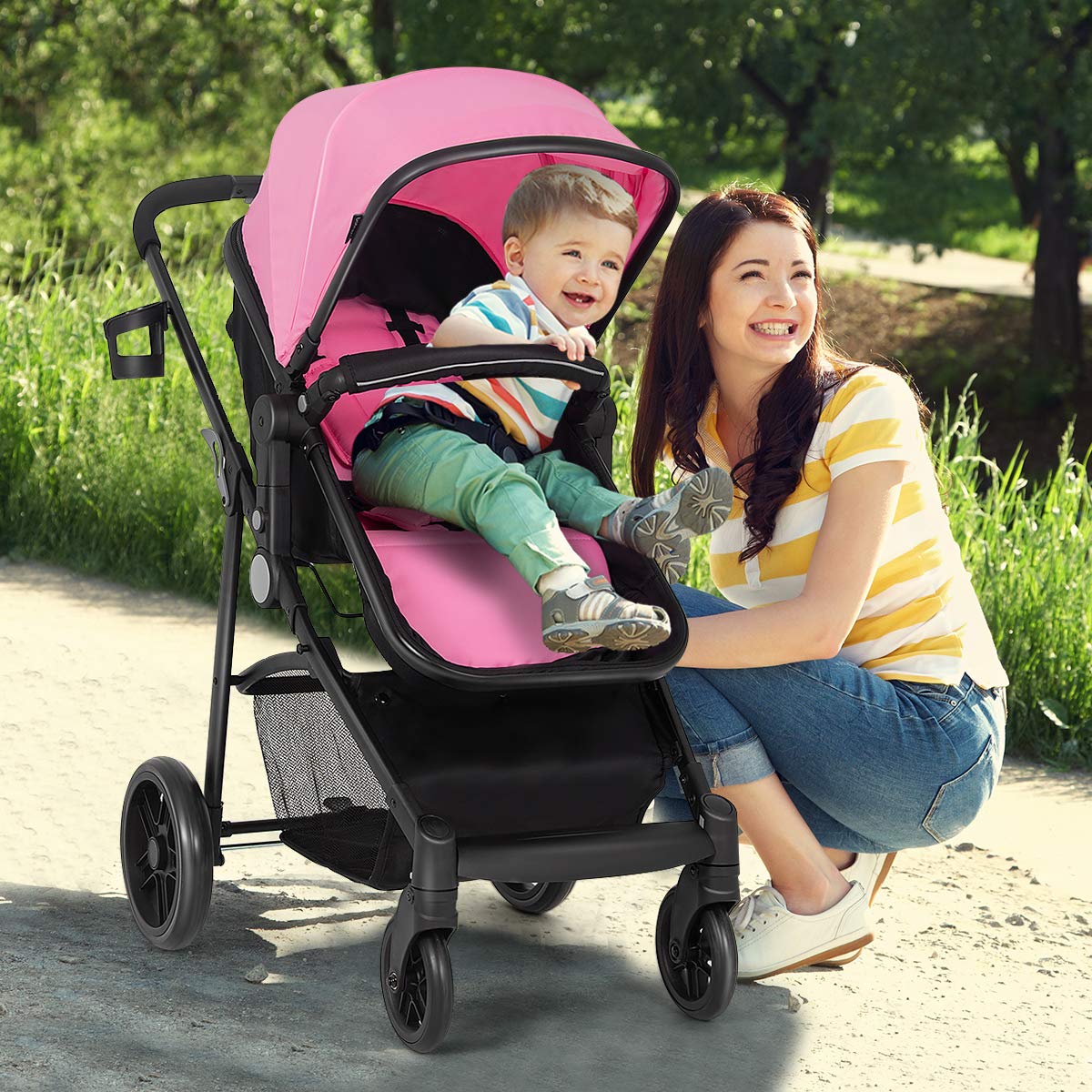 **HONEY JOY Baby Stroller - Convertible Infant Bassinet Stroller with Adjustable Canopy & Backrest, Large Storage Basket & Cup Holder, Foldable Newborn Carriage Pram (Pink) | Perfect for Walks, Travel & Shopping**