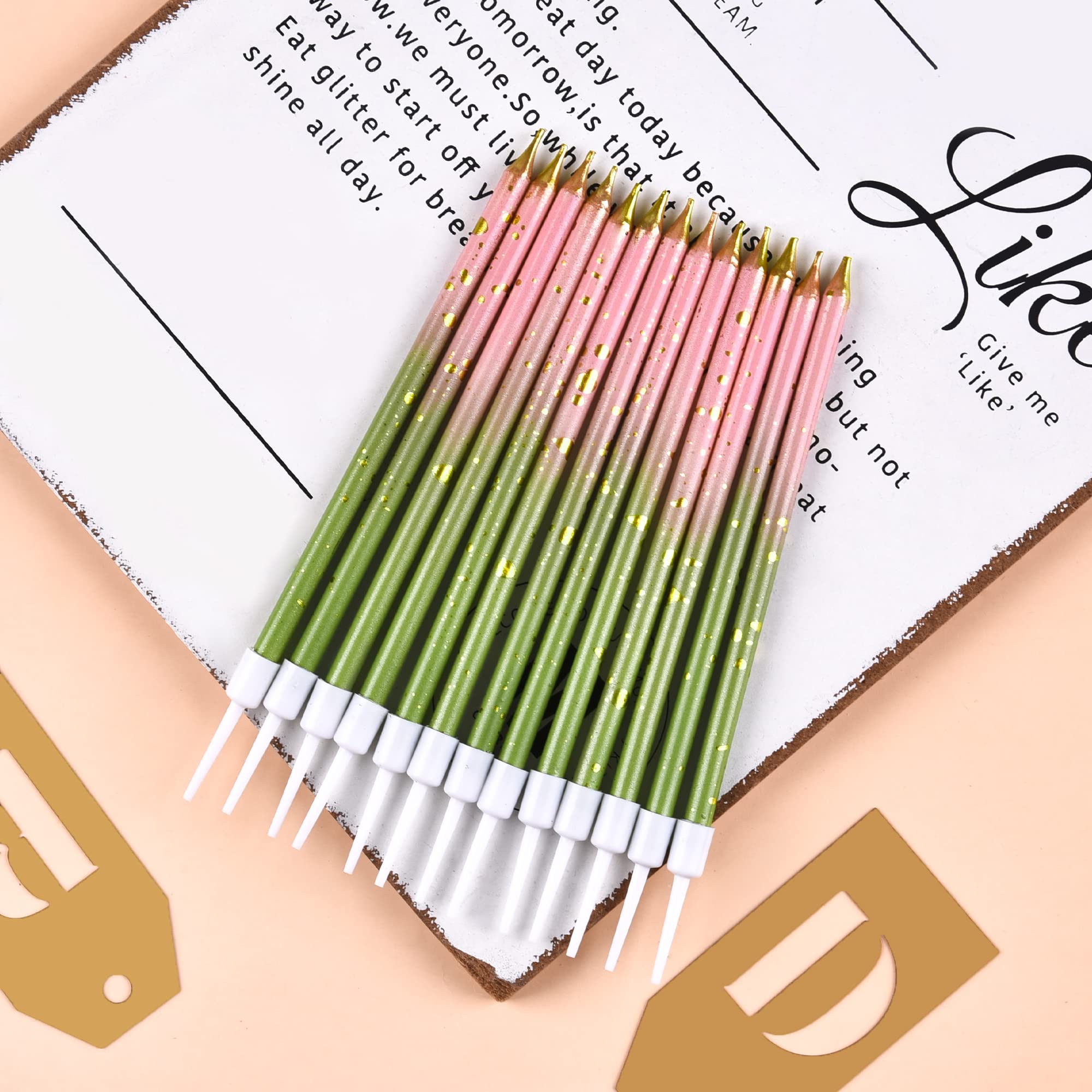 Pink Green Gold Long Thin Birthday Candles - Elegant Cake Candles for Birthday Parties, Wedding Decorations & Special Events - Perfect for Cakes, Cupcakes and Dessert Tables