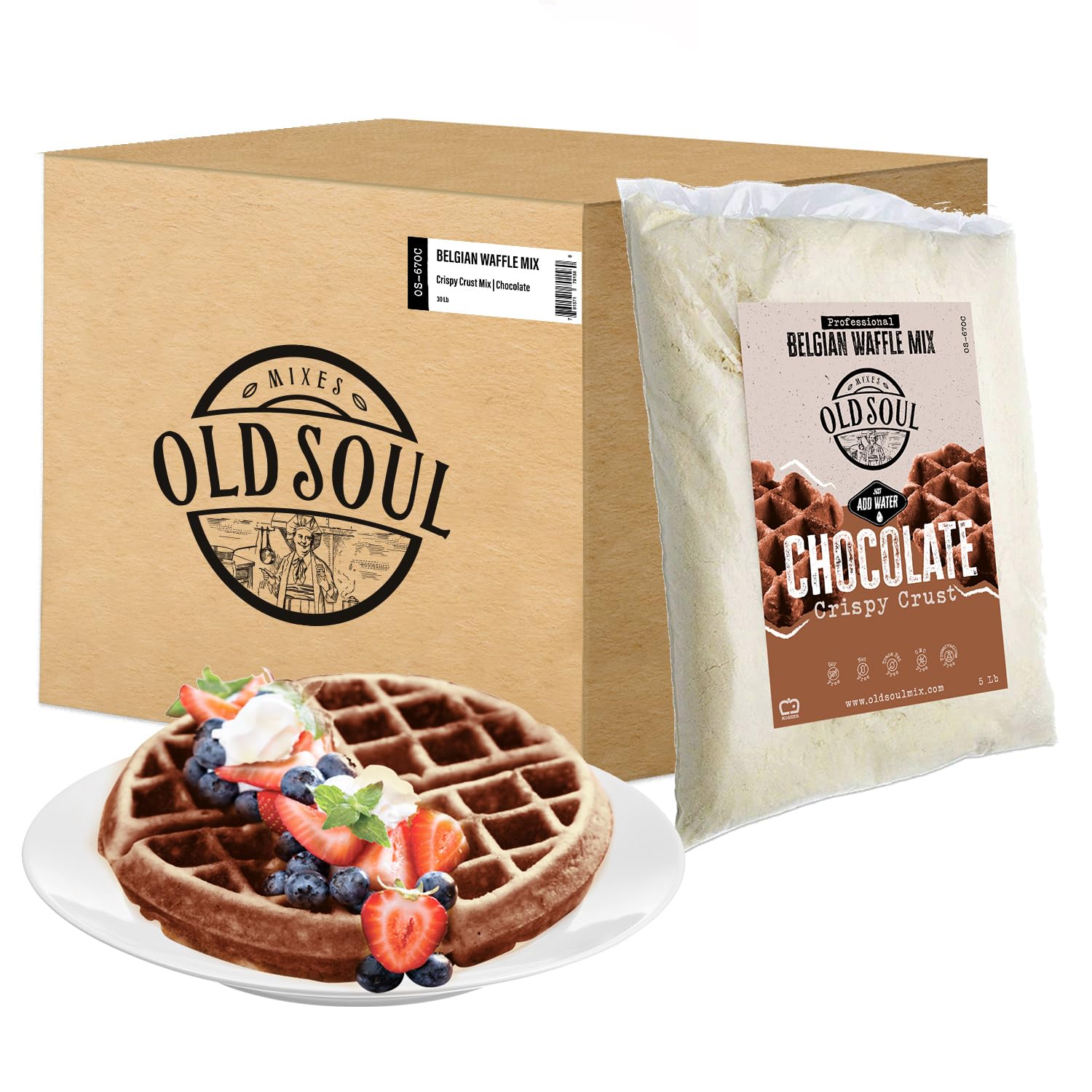 OldSoul Belgian Waffle Mix - Chocolate & Vanilla Flavors | Soy-Free, Nut-Free | 30 lb Bulk Pack (Makes 168 Waffles) | Perfect for Breakfast, Cafes & Catering Events