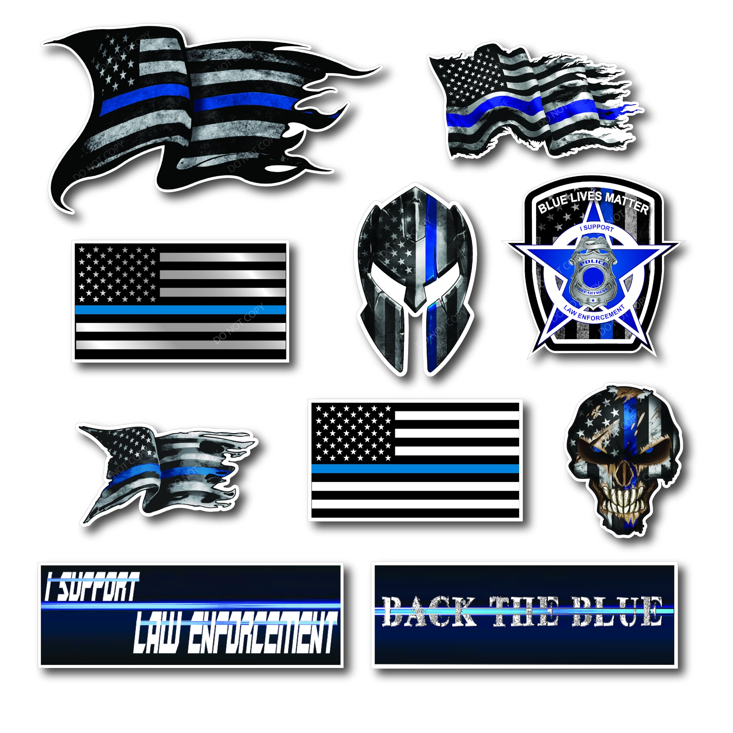 Thin Blue Line Skull Police Officer Decals - 10 Pack Patriotic Blue Lives Matter Vinyl Stickers for Cars, Trucks & Laptops - American Flag Themed Car Accessories for Police Supporters & First Responders