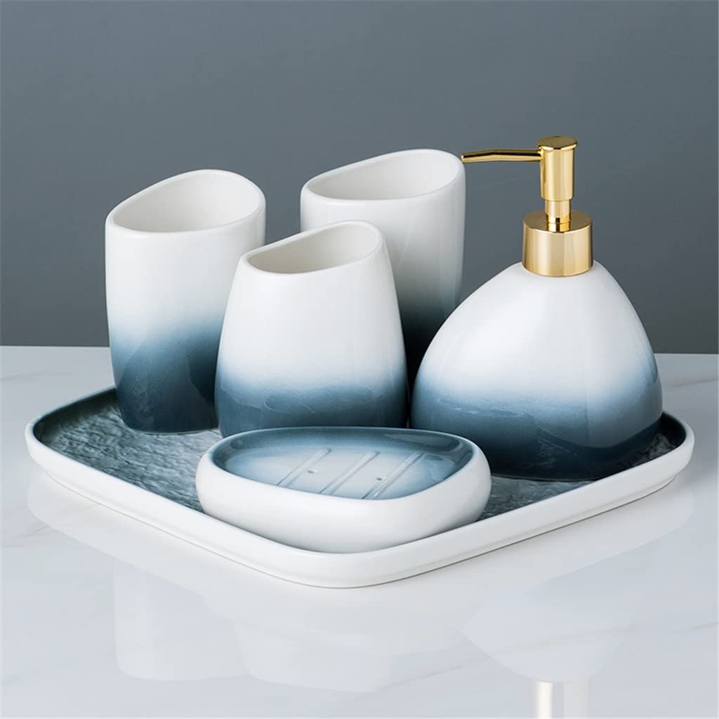 Gradient Gray Ceramic Bathroom Set - 5-Piece Toothbrush Holder & Cups with Tray for Couples | Modern Bathroom Organization & Decor for Master Bath, Guest Bath, Apartment