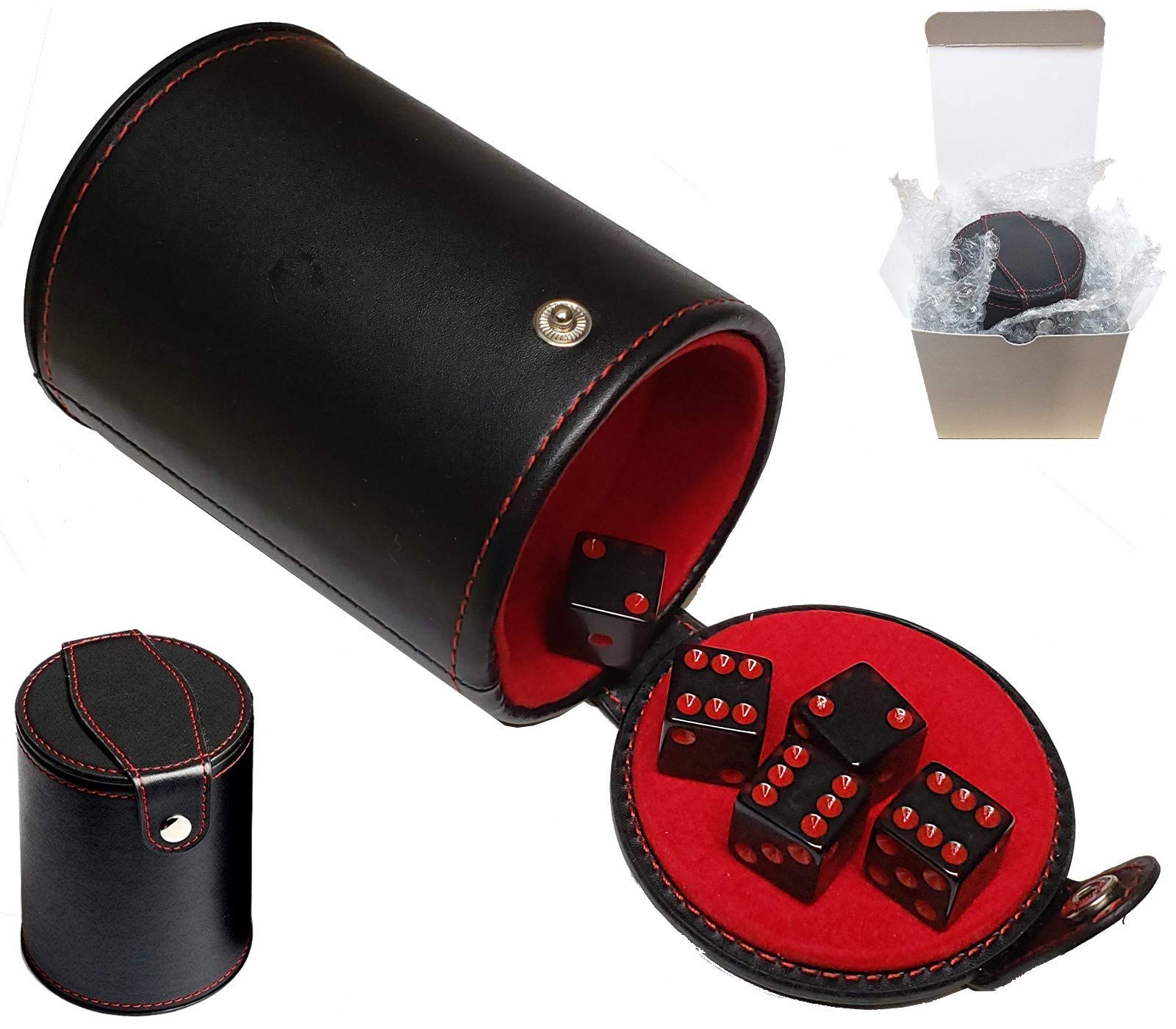 Premium Black PU Leather Dice Cup Set with Red Felt Lining - Includes 5 Transparent 16mm Dice in Smoke/Red Colors & Gift Box - Perfect for D&D, Board Games, Poker Nights and Casino-Themed Parties