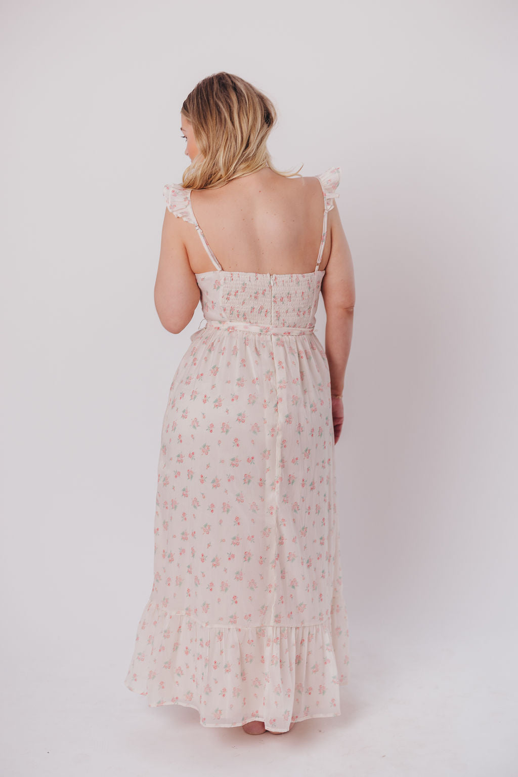 Rosamund Bustier Style Maxi Dress - Blush Pink Floral Print, Plus Size (S-3XL) | Elegant Wedding Guest, Summer Party & Formal Occasion Outfit