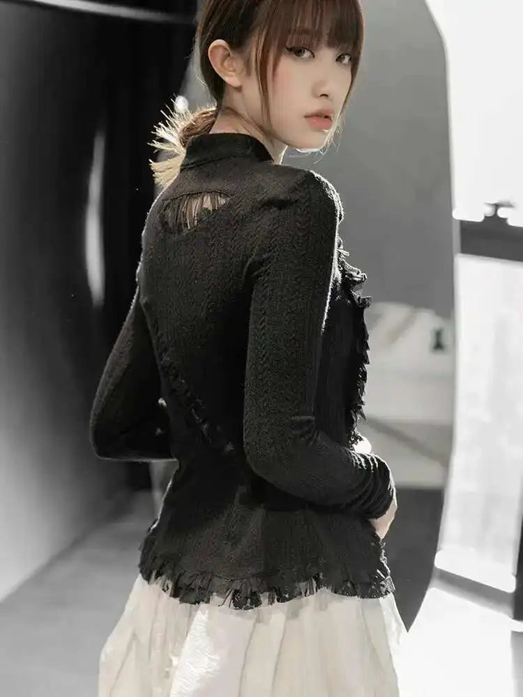 Black Lace Irregular Knit Cardigan for Women - Long Sleeve Stand Collar Chunky Sweater | 2025 Fall Fashion Trend | Perfect for Autumn Layering & Spring Outfits