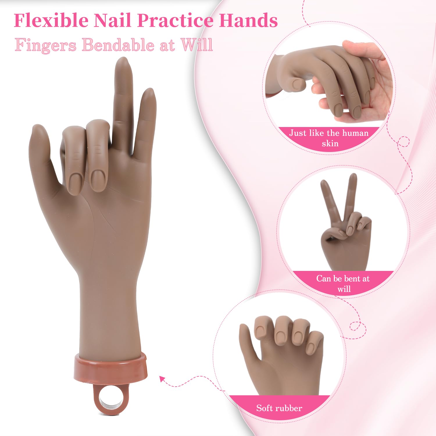 Professional Acrylic Nail Practice Hand Mannequin - Flexible Fake Hand with Clamp Holder for Nail Art Training & Practice (Dark Skin Tone) - Perfect for Beginners, Nail Technicians & Salon Training