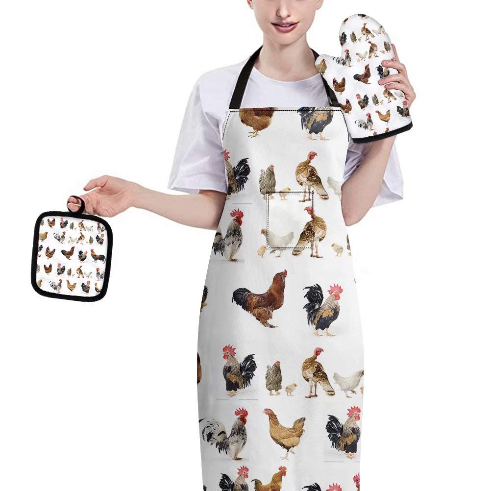 Allcute Chicken Print Apron with Oven Mitt & Pot Holder Set - 3-Piece Adjustable Kitchen Accessories for Cooking, Baking, BBQ & Outdoor Grilling - Machine Washable Cotton with Wrist Protection - Perfect for Home Chefs & Backyard Parties