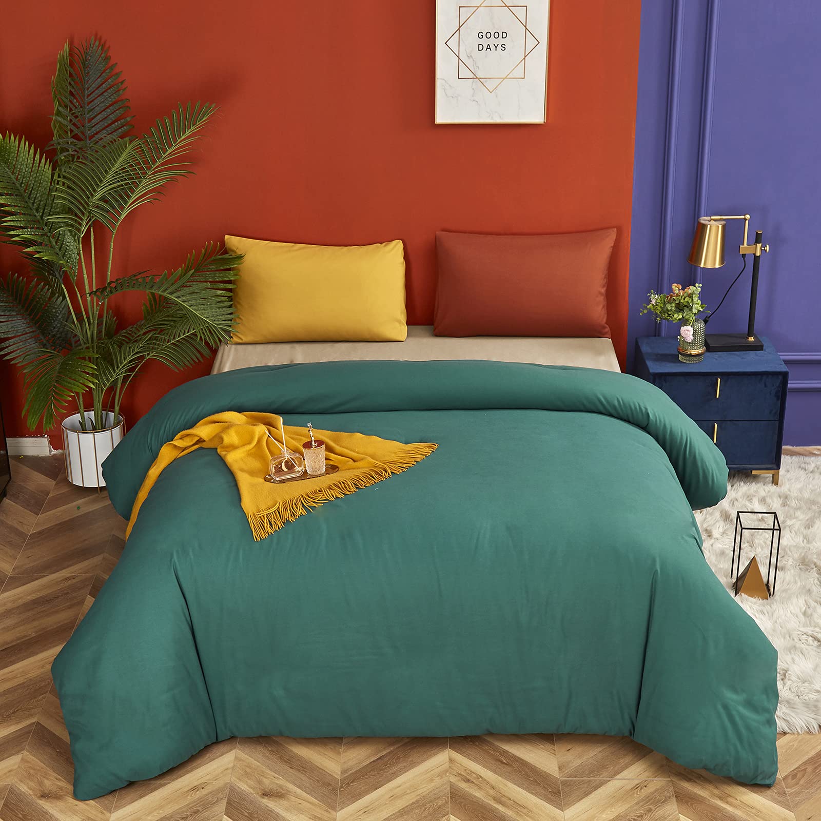 Luxlovery Emerald Green Comforter Set King Size - Dark Green Forest Cotton Bedding | Ultra Soft & Breathable Comforter with 1 Green & 1 Caramel Pillowcase | Perfect for Master Bedroom, Guest Room & Cozy Winter Nights
