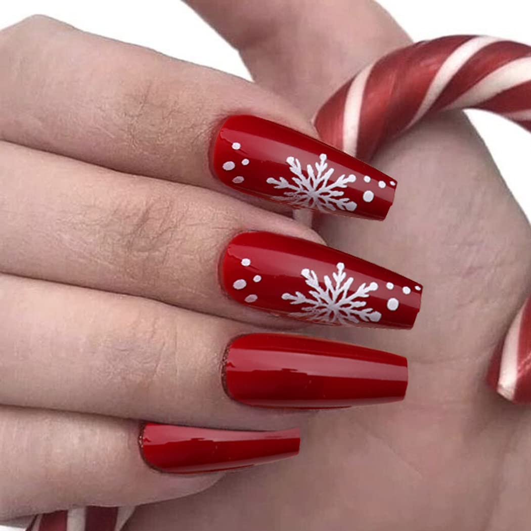Uranian Christmas Press on Nails - 24pcs Long Red Coffin Fake Nails with Snowflake, Stripes & Glitter Designs | Glossy Santa Claus & Elk French Tip Acrylic Nails for Women & Girls | Perfect for Holiday Parties, Gift Giving & Festive Nail Art