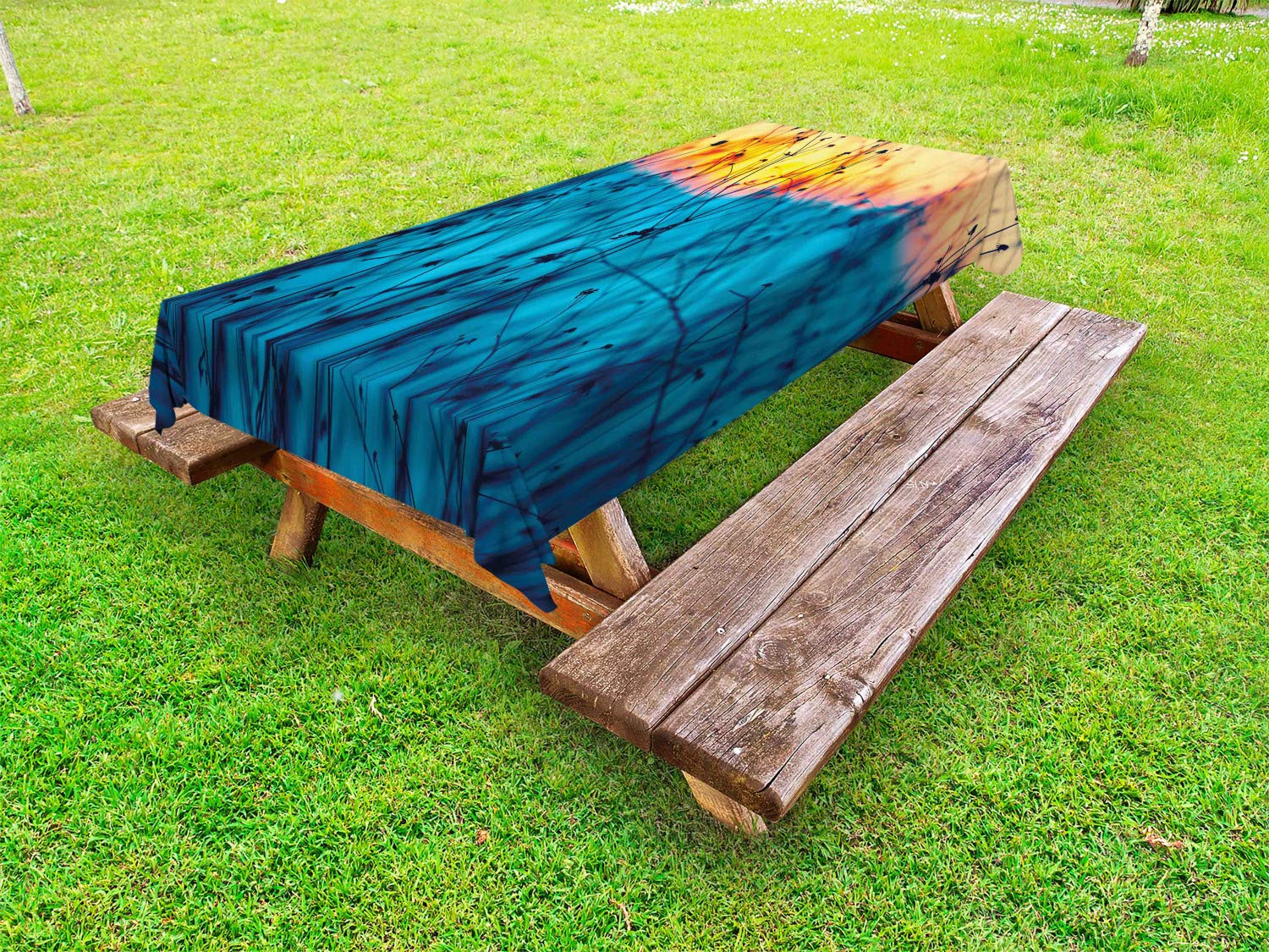 Ambesonne Washable Outdoor Tablecloth - Dried Flowers & Sunset Scenery Design, 58x84 Inch Picnic Table Cover for Garden, Patio, Camping (Pale Blue Peach Orange) | Perfect for BBQs, Parties & Autumn Decor