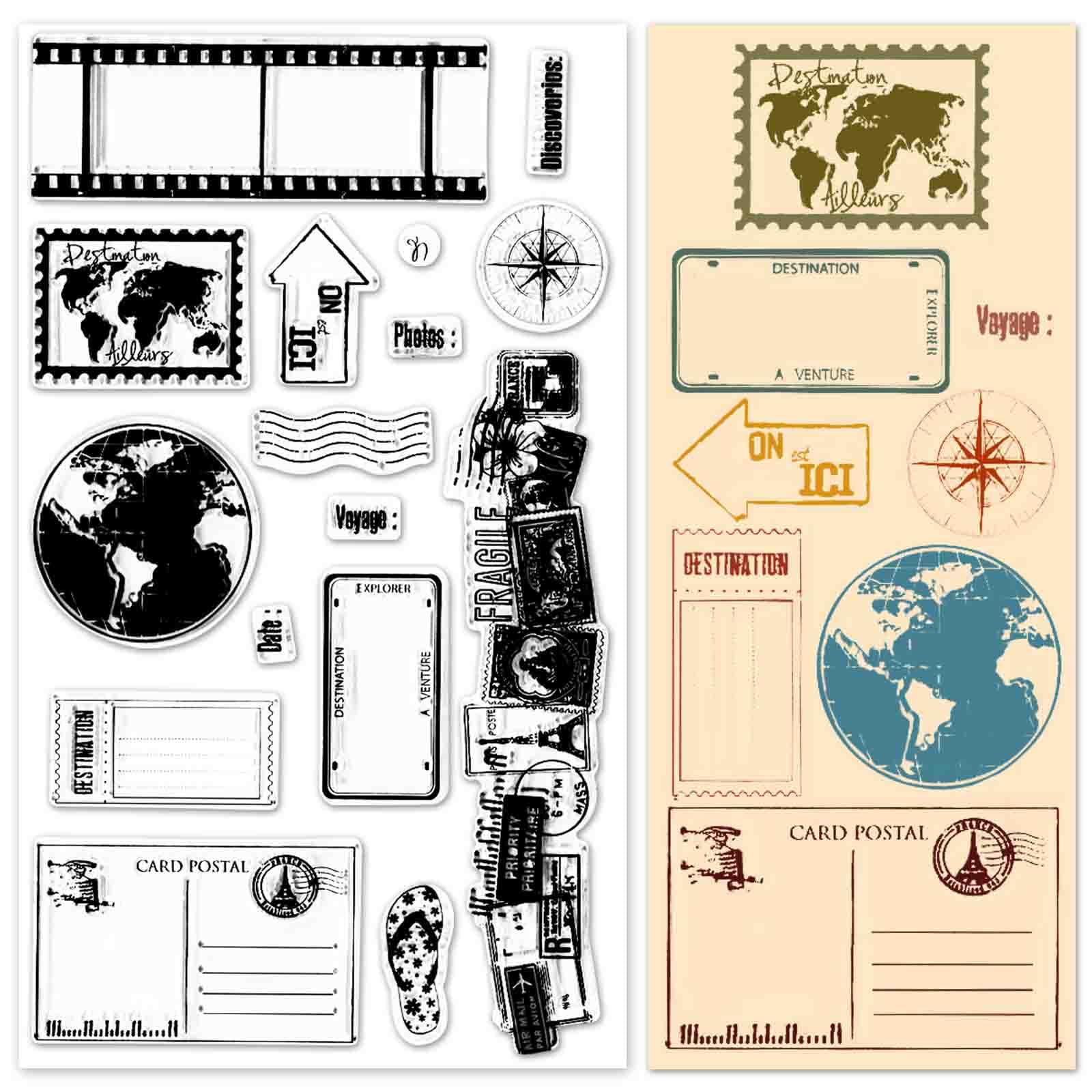 LANGFON Travel Journey Diary Clear Stamps Set - Film Globe, Letter Compass Silicone Stamps for Card Making, Scrapbooking, DIY Crafts | Perfect for Travel Journals, Postcards, Embossing & Album Decoration