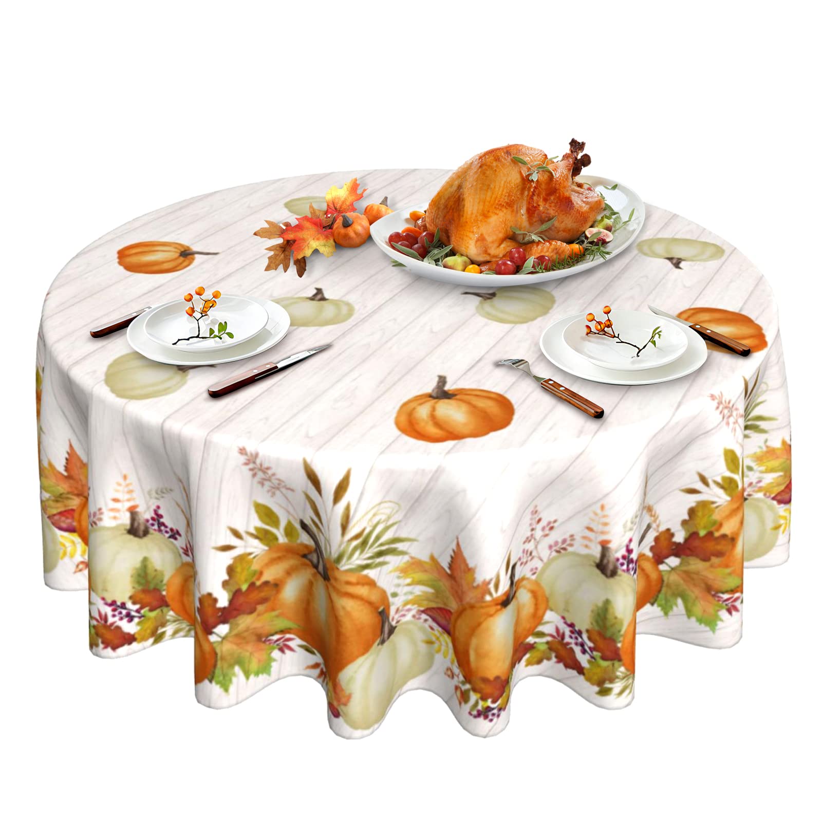 60 Inch Round Thanksgiving Tablecloth - Fall Pumpkin & White Wood Grain Design, Wipeable Polyester Fabric for Rustic Farmhouse Kitchen Decor | Perfect for Holiday Gatherings, Outdoor Parties & Autumn Home Decoration