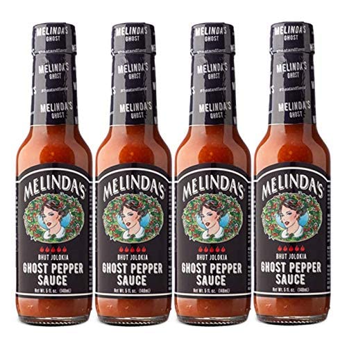 Melinda's Ghost Pepper Hot Sauce - Extra Spicy Gourmet Hot Sauce with Fresh Ghost Peppers (Bhut Jolokia), Habanero, Carrot, Garlic & Lime Juice - 5oz Bottle (4-Pack) - Perfect for Wings, Tacos, Burgers & Spicy Food Lovers