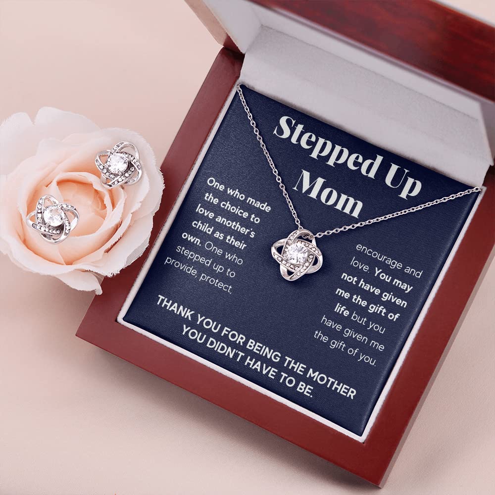 Bonus Mom Necklace Gift for Stepmother - Sterling Silver Pendant with Message Card & Gift Box - Perfect Mothers Day Present from Stepdaughter/Stepson - Elegant Jewelry with LED Box & Matching Earrings (Ideal for Birthday, Anniversary, or Thank You Gift for Bonus Mom)