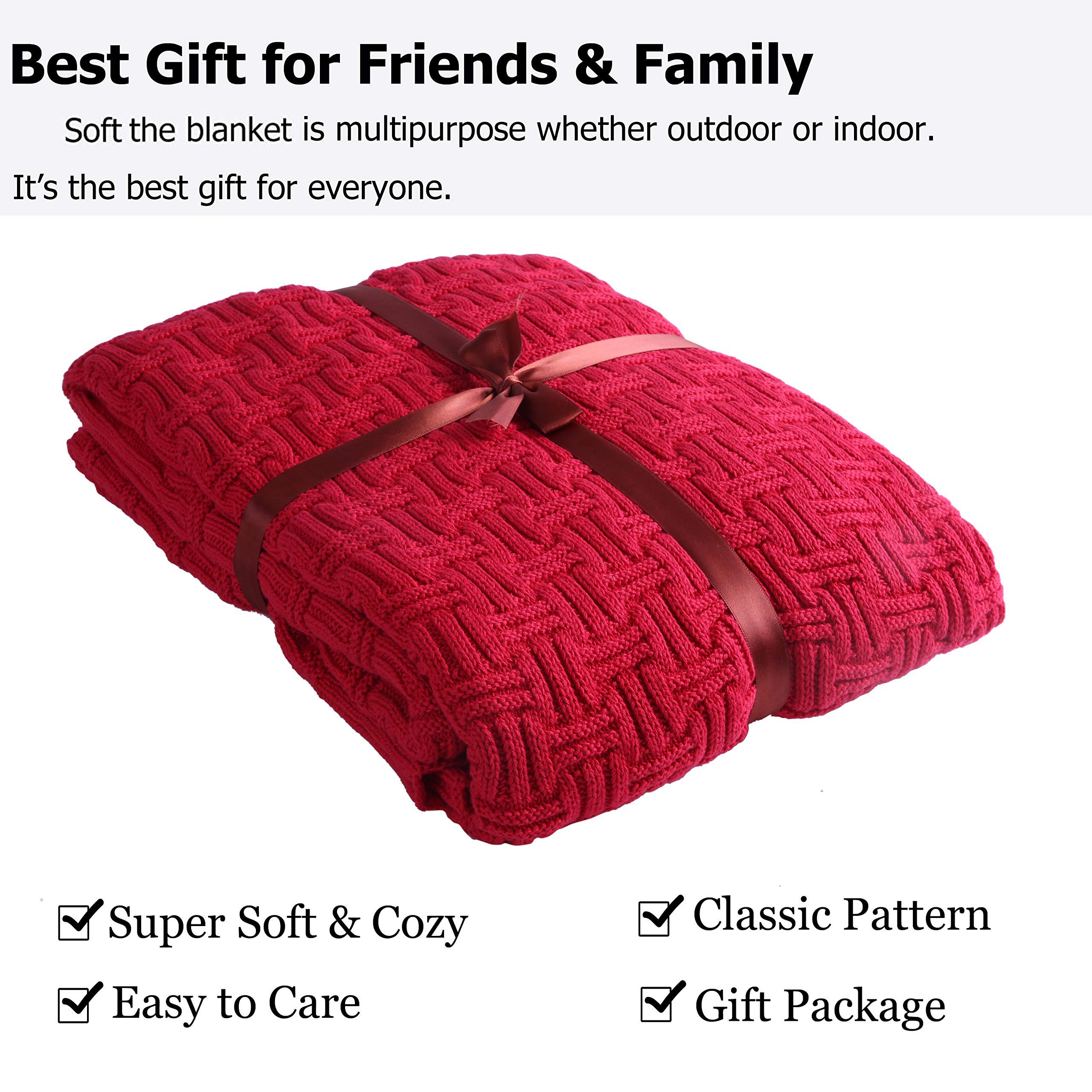 AGOOL Soft Cotton Red Cable Knit Throw Blanket - 50x70 Inch Cozy Blanket for Couch, Bed, Sofa & Beach - Home Decor Knitted Blanket with Silk Bow Tie Gift Packaging (2.2 lbs) - Perfect for Winter Snuggling, Picnics & Home Styling