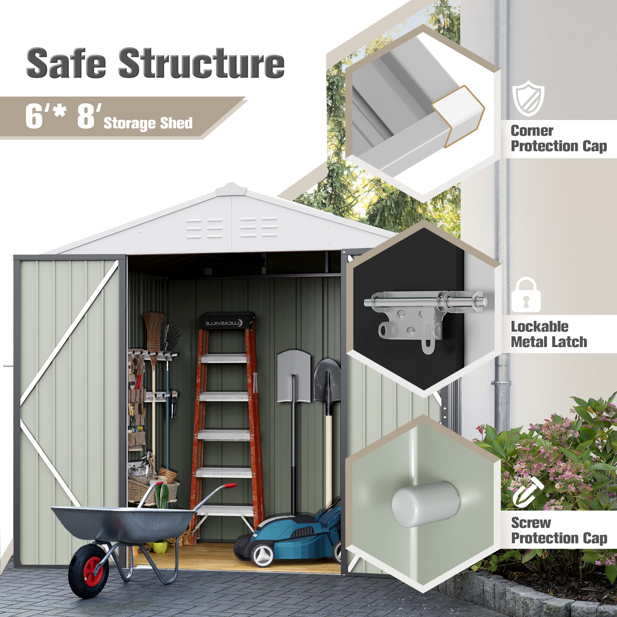 JUMMICO 6x8 FT Metal Outdoor Storage Shed - Lockable Waterproof Garden Tool Shed for Backyard, Patio & Lawn - Heavy Duty Grey Steel Utility Shed (Perfect for Storing Lawn Mowers, Bikes & Outdoor Equipment)
