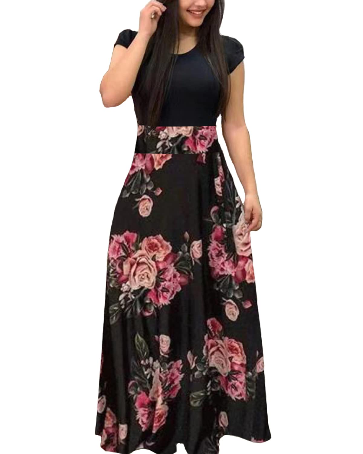 Aublary Women's Long Sleeve Maxi Dress - Floral Print Round Neck Casual Tunic for Spring Summer, Perfect for Beach Vacation, Date Night and Office Wear