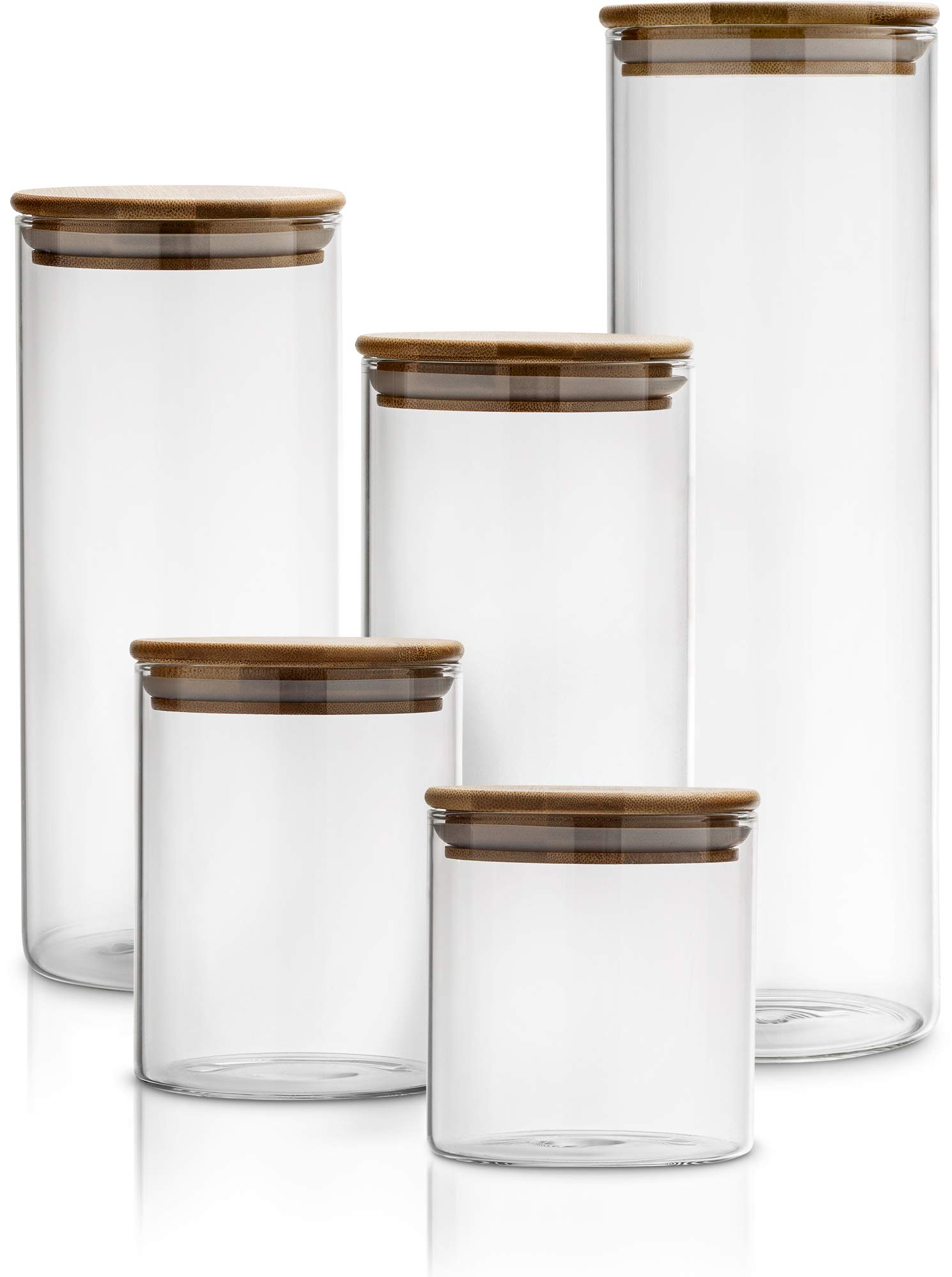 5-Piece Glass Kitchen Canisters Set with Airtight Bamboo Lids - Pantry & Bathroom Storage Jars for Flour, Coffee, Sugar, Rice, Pasta, Snacks | Ideal for Baking, Meal Prep & Home Organization