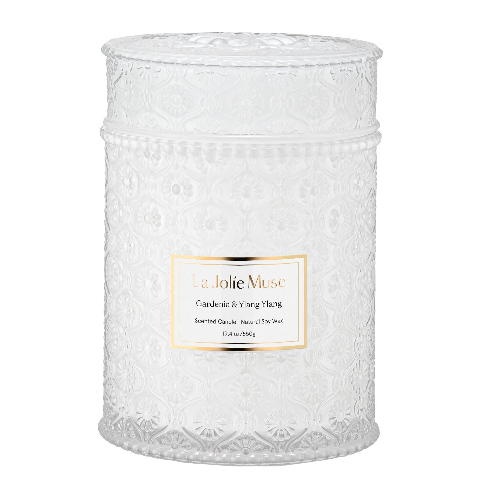 LA JOLIE MUSE Gardenia & Ylang Ylang Scented Soy Candle - 19.4 oz Large Glass Jar with Wood Wick - 90 Hours Burn Time - Perfect Mother's Day Gift, Home Decor & Relaxation Aromatherapy for Women