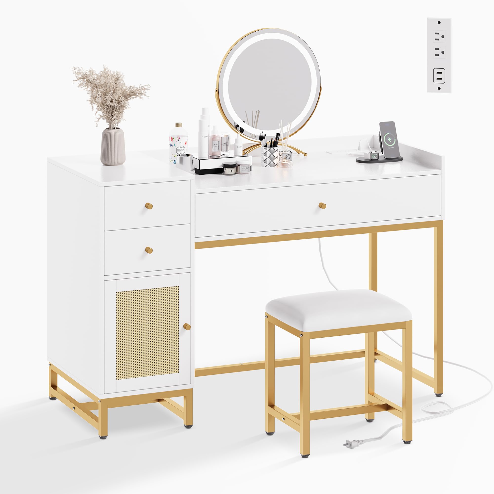 White Makeup Vanity Desk with Stools & Power Outlet - Rattan Dressing Table Set with Drawers & Storage Cabinet - Small Bedroom Vanity Table for Women - Perfect for Cosmetics Organization & Home Decor