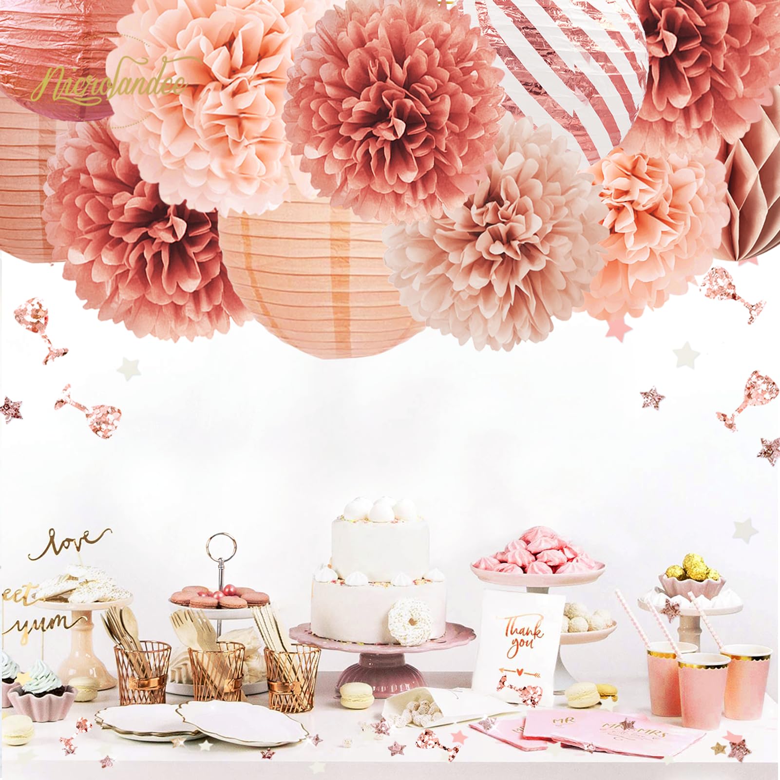Elegant 12PCS Rose Gold Party Decorations Set - Tissue Pom Poms, Paper Lanterns & Glitter Confetti (30G) for Valentine's Day, Wedding, Bridal Shower, Birthday & Bachelorette Party | Perfect for Home Decor, Photo Backdrops & Event Centerpieces