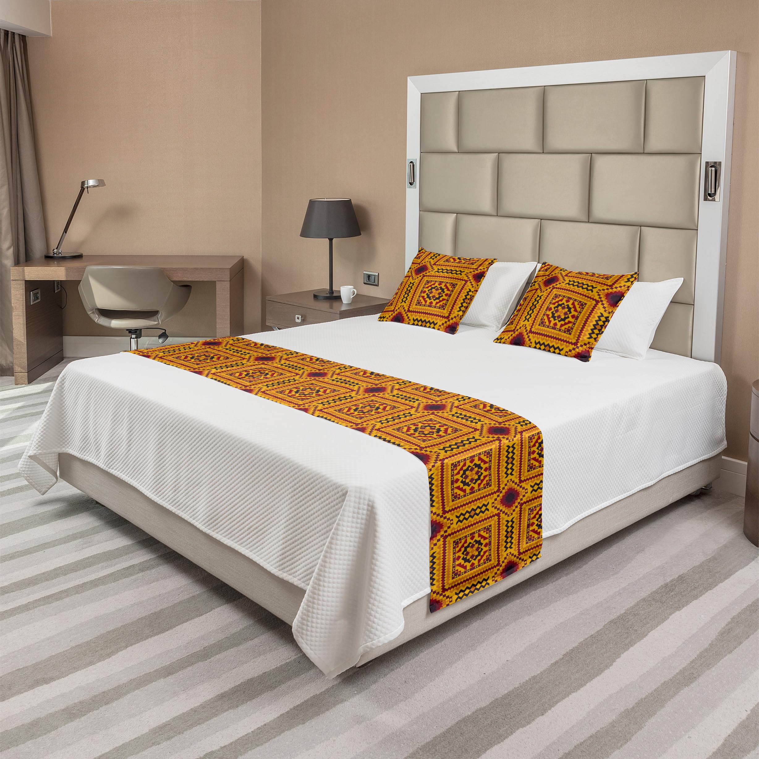 Ambesonne Rhombus Print Bed Runner Set - Aztec Inspired Bohemian Bedding with Zigzag Patterns & Hip Details | Decorative Bed Scarf & 2 Pillow Shams for Hotels & Homes | Orange & Multicolor | Perfect for Bohemian Bedroom Decor, Guest Room Styling & Luxury Hotel Accents