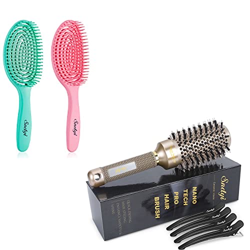Professional 2.9 Inch Round Brush for Blow Drying & 2-Pack Vented Detangling Brush Set - Salon Quality Styling Tools for Straight, Wavy & Curly Hair - Perfect for Home Use & Salon Styling