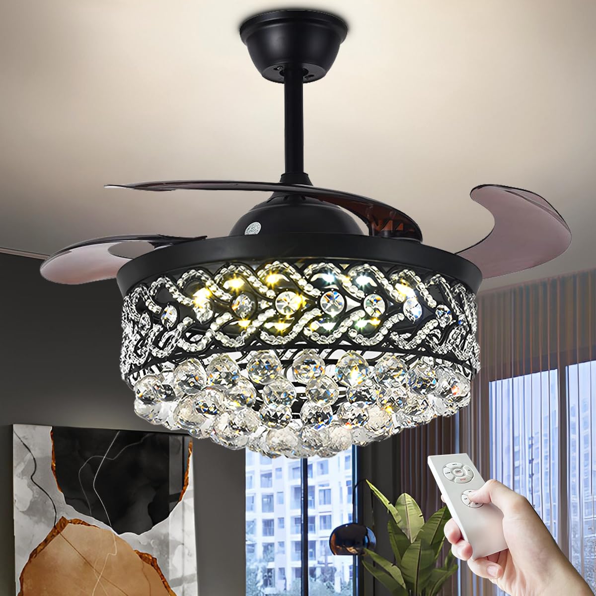 42 Inch Crystal Chandelier Ceiling Fan with Remote Control - Black Modern Retractable Ceiling Fan with LED Lights - 3 Speed & 3 Color Temperature Settings - Luxury Fandelier for Bedroom, Living Room, Dining Room - Perfect for Home Decor & Air Circulation