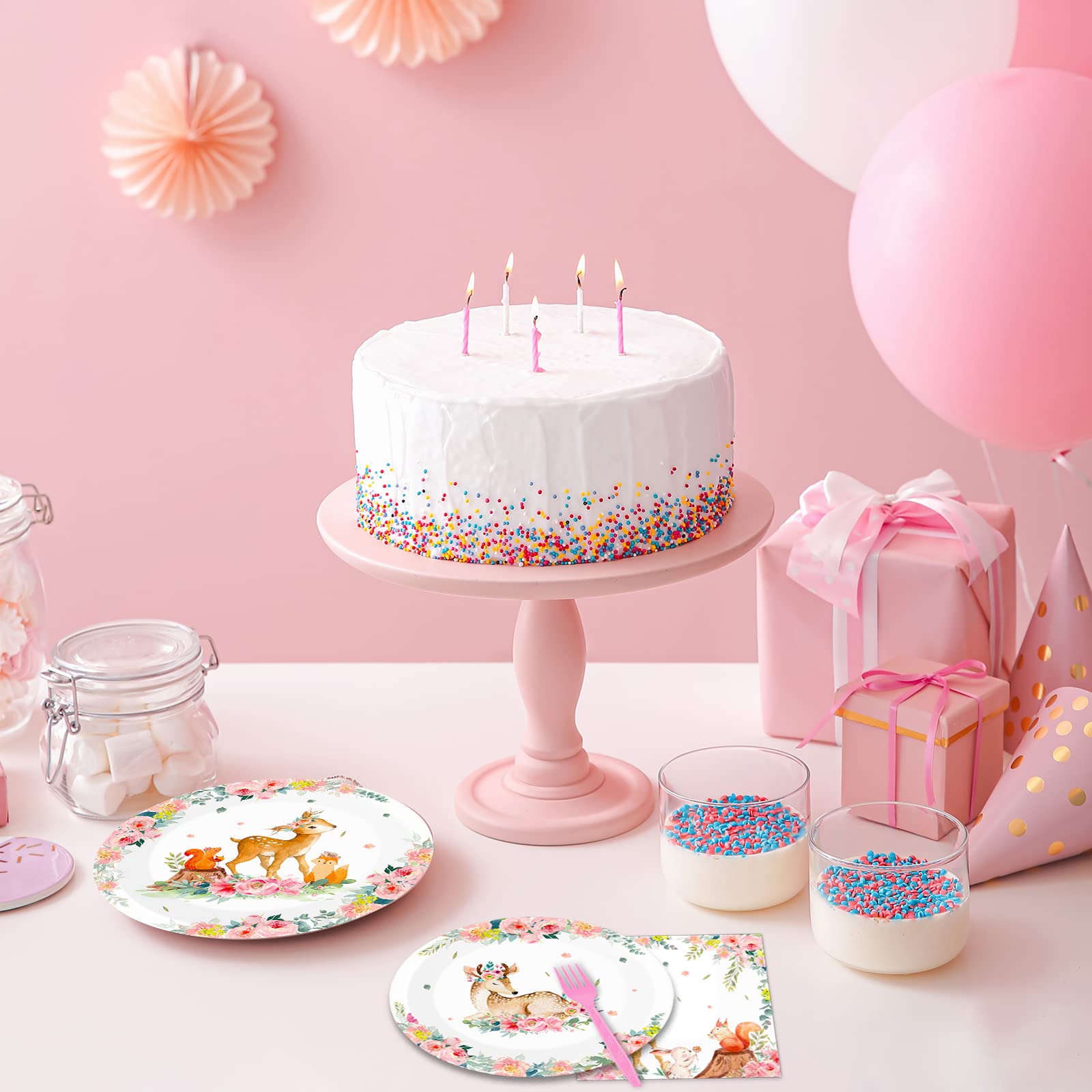 96PCS Pink Woodland Baby Shower Tableware Set - Disposable Plates, Napkins & Forks for Girls Safari Party - Forest Animal Deer Flower Theme Dinnerware for 24 Guests - Perfect for Baby Showers, Birthday Parties & Gender Reveals
