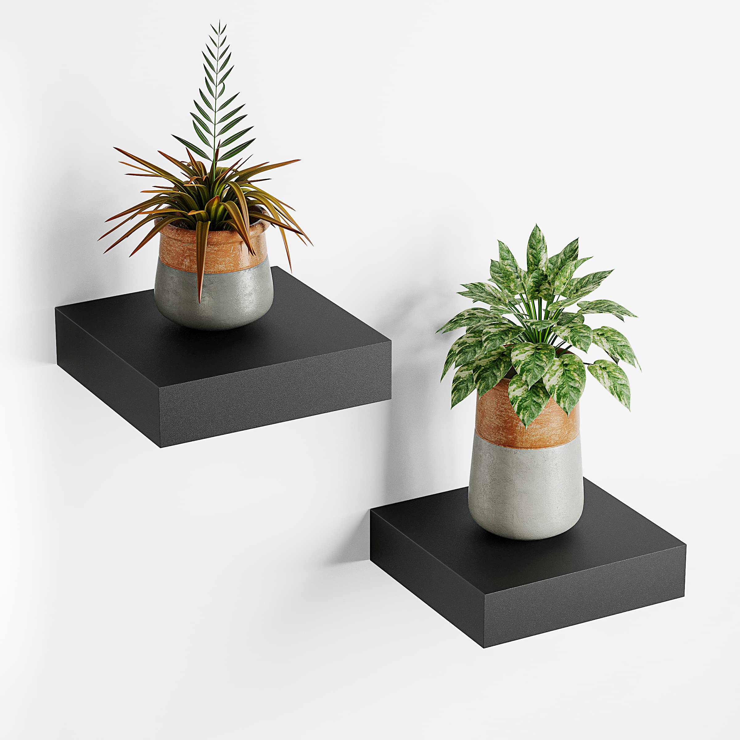 BAMEOS 2-Pack Small Floating Wall Shelves, 5.9x5.7 Inch Black Display Ledges for Home Decor - Perfect for Bluetooth Speakers, Webcams, WiFi Routers, Plants & Photos | Space-Saving Storage Solution for Bedroom, Living Room & Office