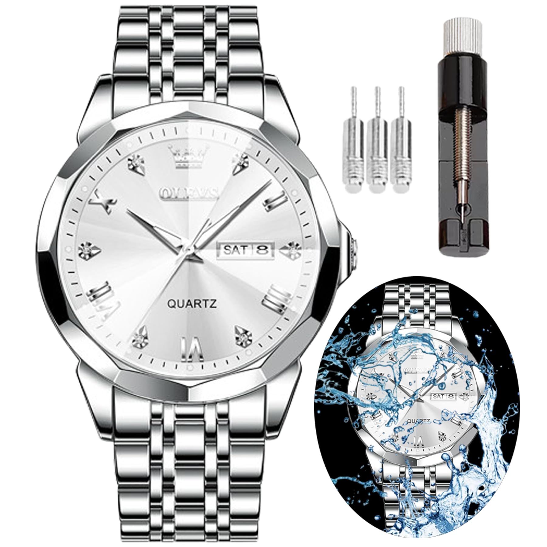 OLEVS Men's Stainless Steel Waterproof Quartz Watch with Luminous Hands & Date Display - Two-Tone Casual Wristwatch for Business, Outdoor & Everyday Wear