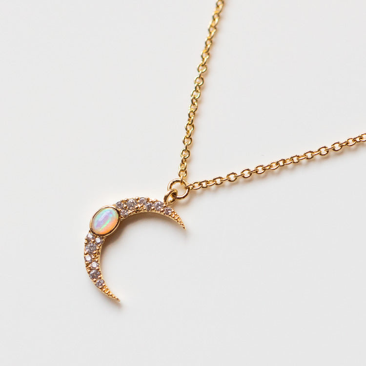 Opal and CZ Crescent Moon Necklace - Elegant Dainty Pendant for Women, Perfect Gift for Birthday, Anniversary & Valentine's Day | Boho Chic Jewelry for Everyday Wear & Special Occasions