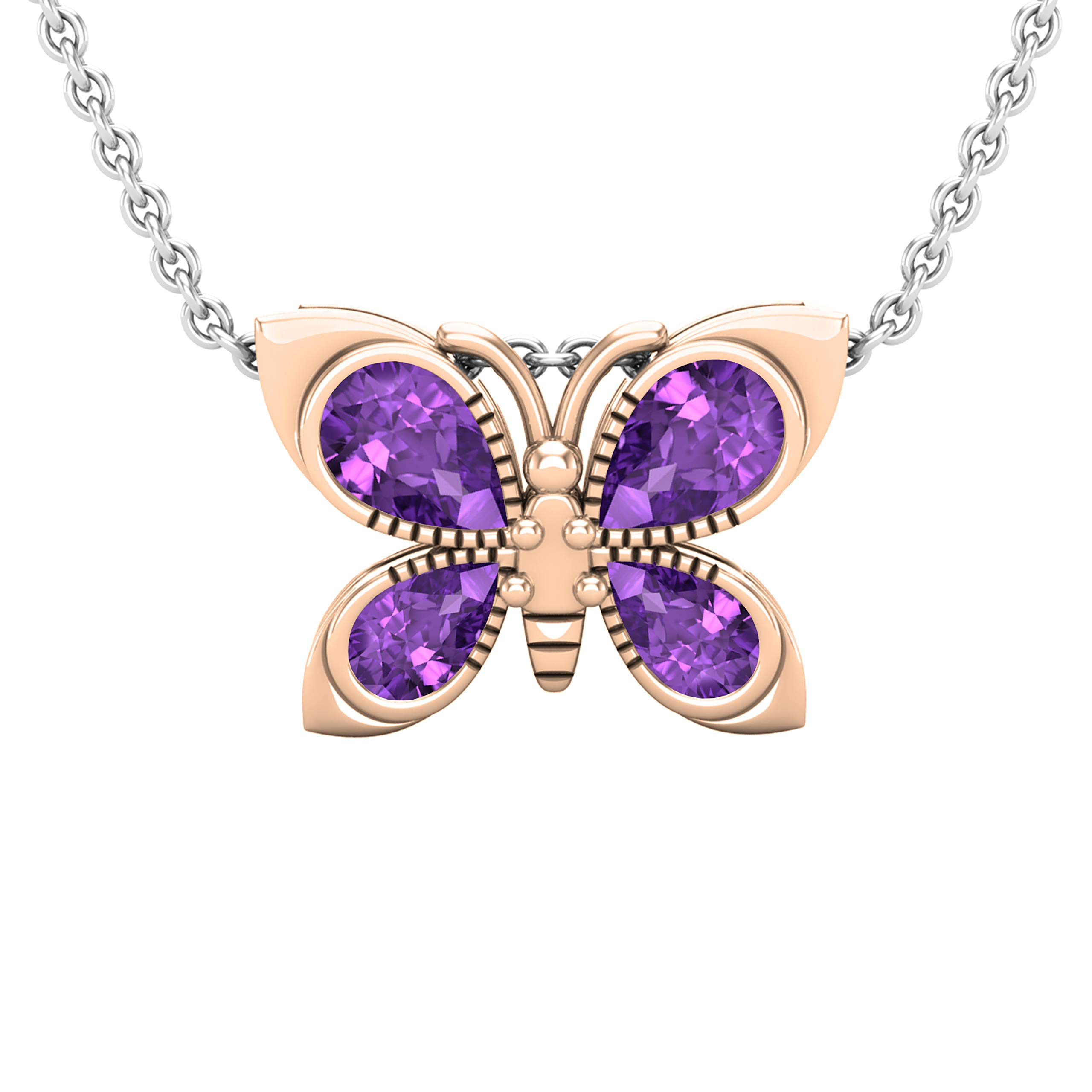Dazzlingrock Collection 10K Solid Rose Gold Pear Amethyst Butterfly Pendant Necklace for Women with Silver Chain | Elegant Jewelry Gift for Birthday, Anniversary & Special Occasions