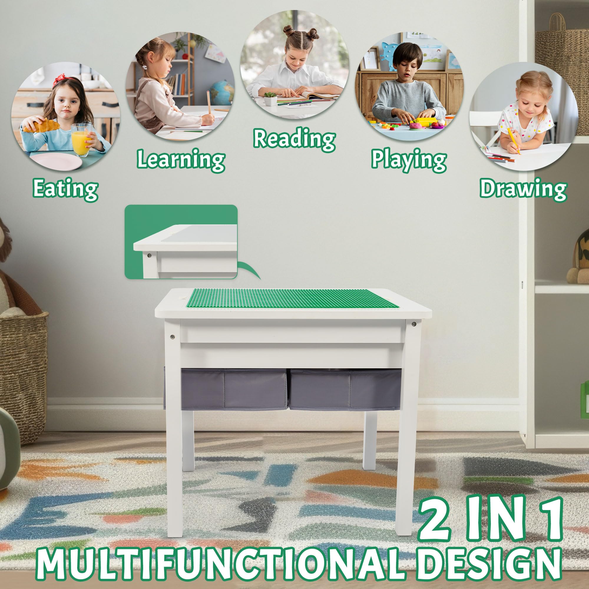 2-in-1 Kids Wooden Play Table with Storage - Building & Drawing Desk for Blocks & Crafts - Perfect for Playroom & Preschool