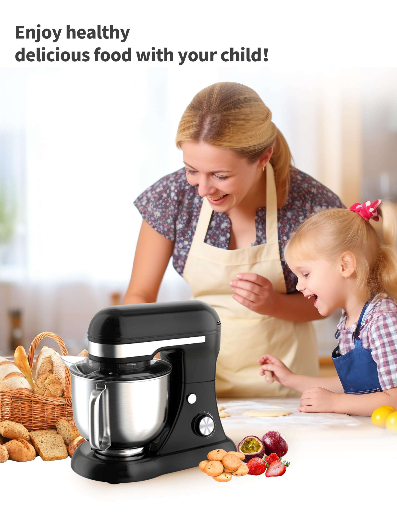 3-IN-1 Electric Stand Mixer, 5.3QT Bowl 12-Speed Kitchen Mixer with Dough Hook, Beater & Whisk - Powerful Baking Mixer for Bread, Cake, Cookies & Dough - Perfect for Home Bakers & Cooking Enthusiasts (YM609 Black) - Ideal for Baking, Meal Prep & Family Gatherings