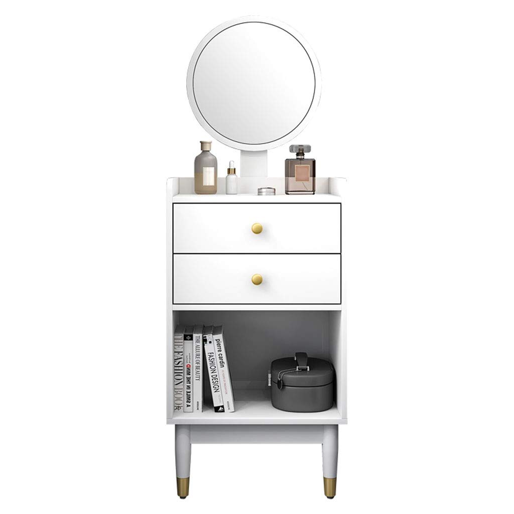 NYKK White Adjustable Height Makeup Vanity Table Set with Circular Mirror, 2 Drawers & Makeup Organizer - Perfect for Bedroom, Dressing Room & Beauty Salon