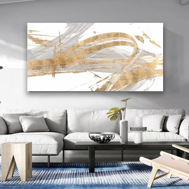 Abstract Wall Art Canvas Print - Grey & Gold Line Modern Framed Painting 24x48 inches (60x120cm) for Living Room, Bedroom, Office & Bathroom Decor | Contemporary Home Artwork for Stylish Interior Design
