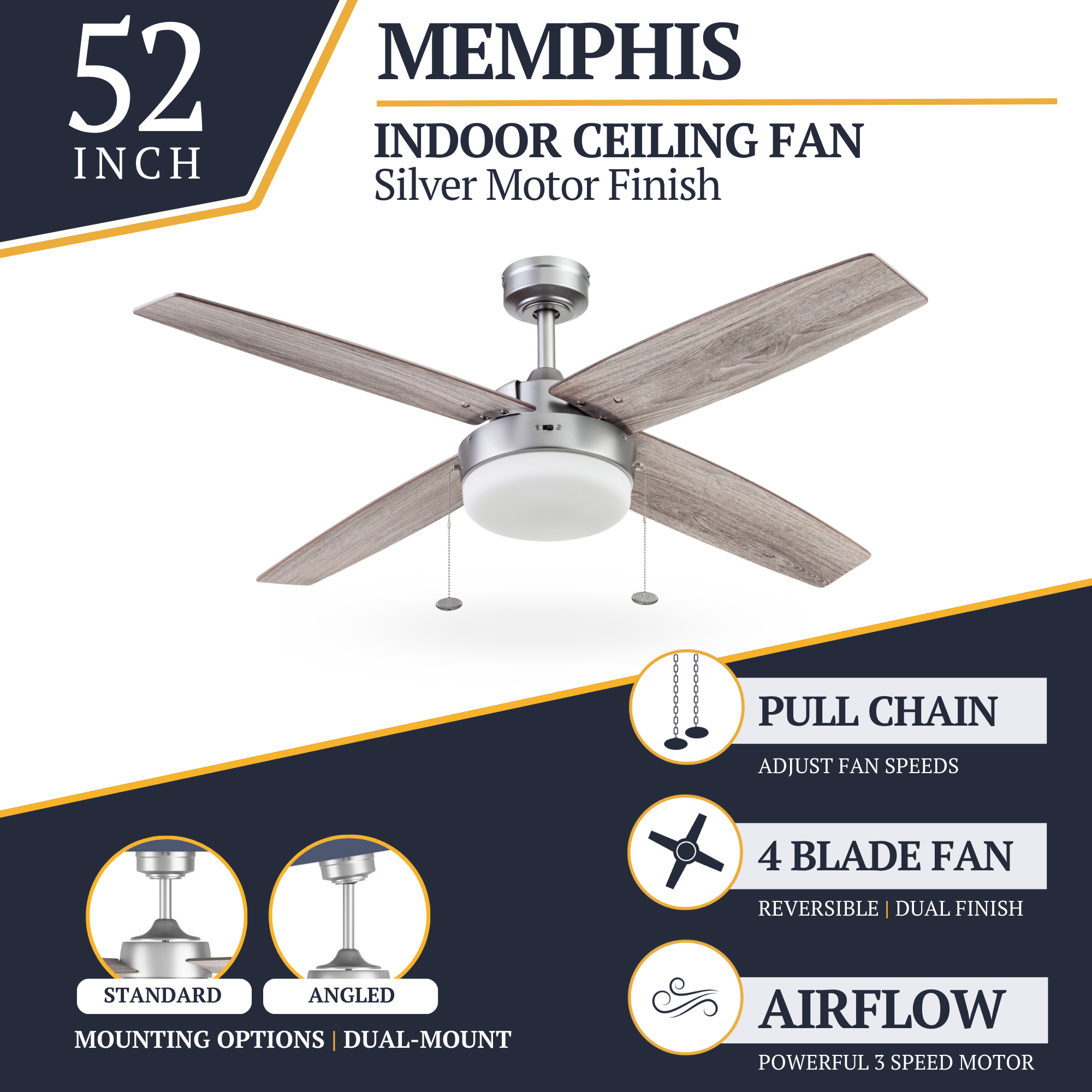 52 Inch Memphis Silver Ceiling Fan with Pull Chain - Modern Indoor Cooling Fan for Living Room, Bedroom, and Office