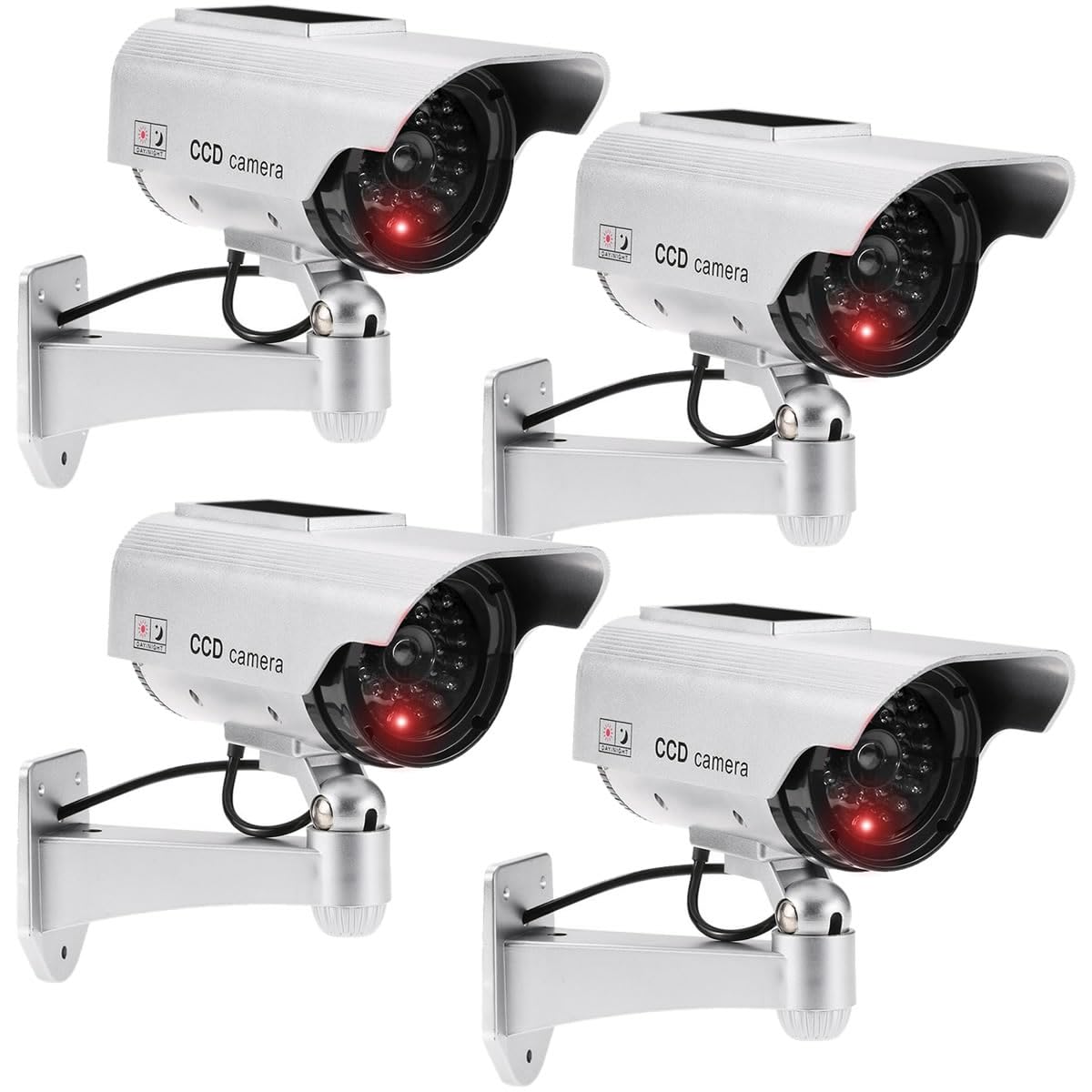 JUSTOP 4 Pack Fake Security Camera Outdoor Indoor Waterproof Dummy CCTV with Realistic LED Light - Solar & Battery Powered Silver - Ideal for Home, Office, and Business Surveillance