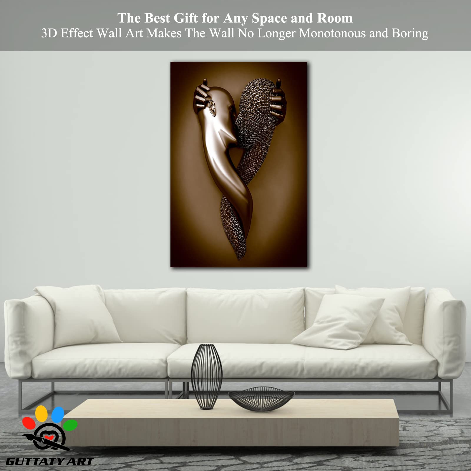 3D Metal Effect Love Heart Gray Canvas Wall Art - Romantic Kissing Couple Painting for Bedroom & Living Room Decor - Valentine's Day Gift for Her/Him - 28x40 Inches - Perfect for Anniversary, Wedding & Home Interior Design