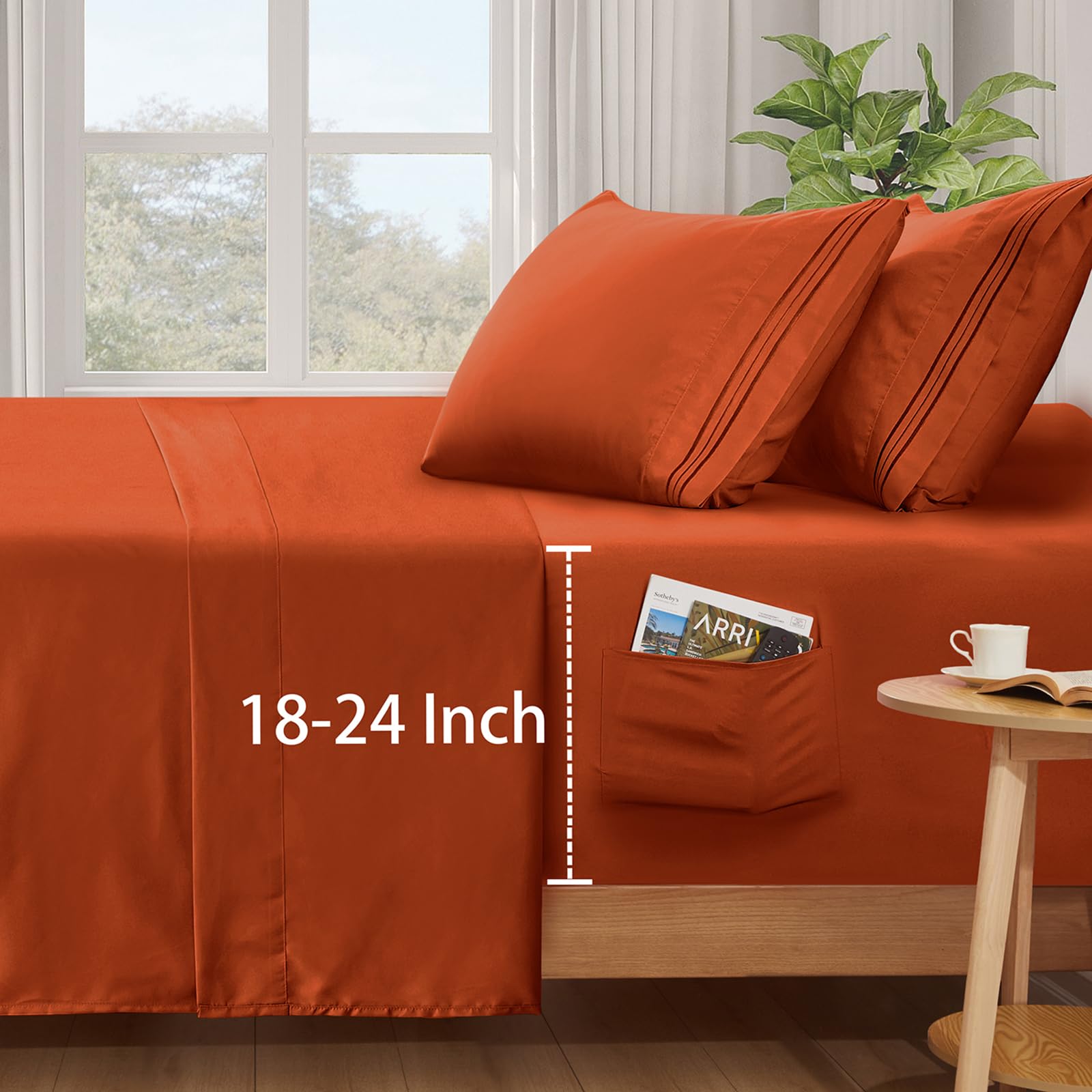 SiinvdaBZX Extra Deep Pocket Full Sheets Set - 4 Piece Soft 1800 Thread Count Fitted Sheet with Side Pocket - Fits Mattress Up to 24 Inches Thick - Burnt Orange Deep Pocket Sheets for Air Mattress - Perfect for Guest Beds, Dorm Rooms & Camping Trips